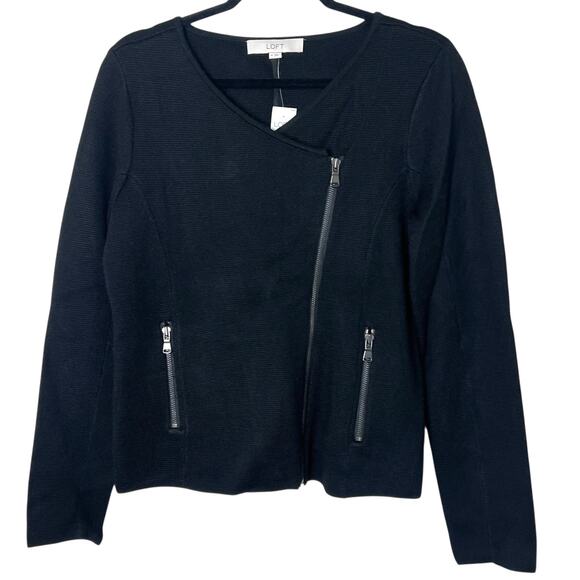 LOFT Black Wool Blend Moto Sweater Jacket Asymmetrical Zip Cardigan Workwear - Picture 1 of 11